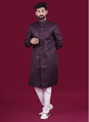 Wedding Wear Wine Indowestern In Silk