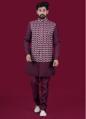 Wedding Wear Wine Nehru Jacket Set In Silk