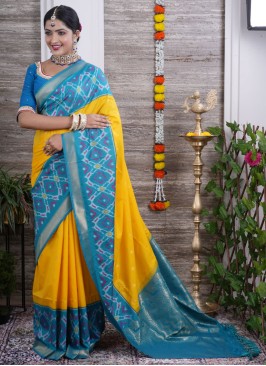 Wedding Wear Yellow And Rama Blue Silk Saree