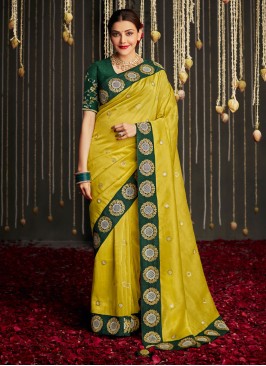 Yellow Art Silk Saree With Embroidered Border