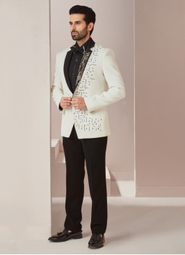 White And Black Embroidered Mens Suit