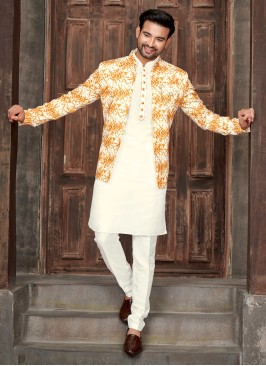 White And Mustard Yellow Nehru Jacket Set