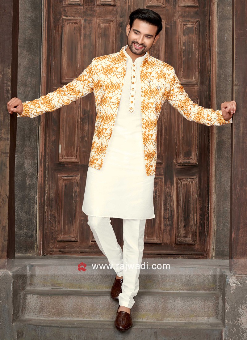 White And Mustard Yellow Nehru Jacket Set