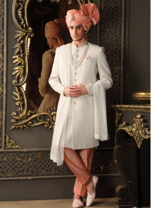 White And Peach Groom Sherwani In Silk