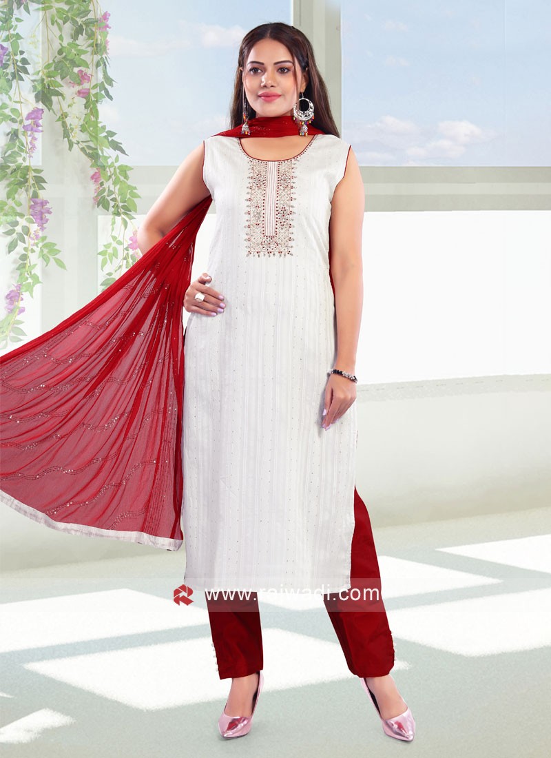 White salwar kameez on sale with red dupatta