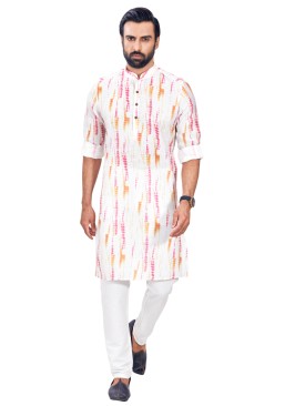 White Batik Printed Cotton Kurta Pajama