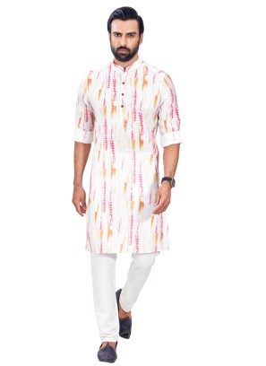 White Batik Printed Cotton Kurta Pajama