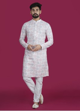 White Color Readymade Printed Kurta Pajama
