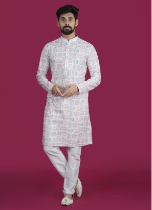 White Color Readymade Printed Kurta Pajama