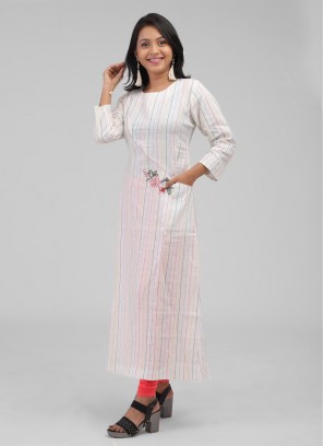 White Color Strips Print Soft Cotton Kurti