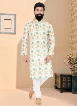 White Cotton Silk Digital Printed Readymade Kurta Pajama