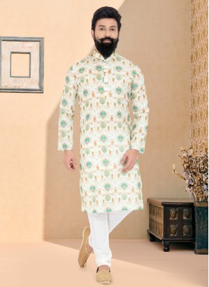 White Cotton Silk Digital Printed Readymade Kurta Pajama