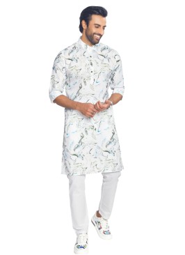 White Cotton Silk Kurta Set With Fancy Print