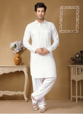 White Cotton Silk Straight Cut Pathani Suit