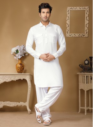 White Cotton Silk Straight Cut Pathani Suit