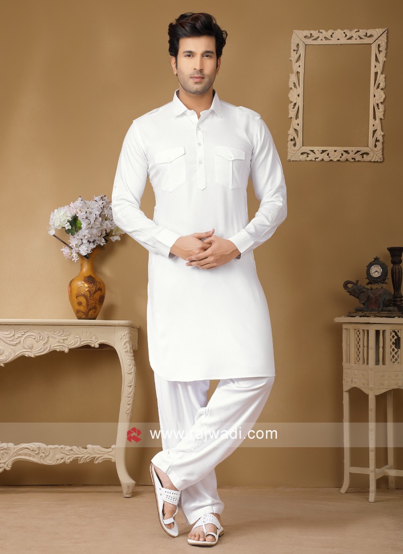 White Cotton Silk Straight Cut Pathani Suit