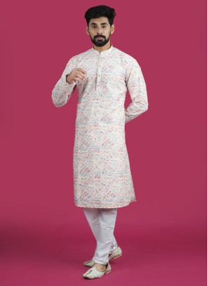 White Cotton Thread Work Mens Kurta Pajama