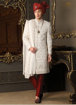 White Designer Silk Sherwani For Groom