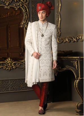 White Designer Silk Sherwani For Groom