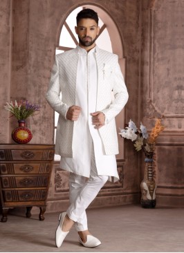 White Embroidered Jacket Style Indowestern Set