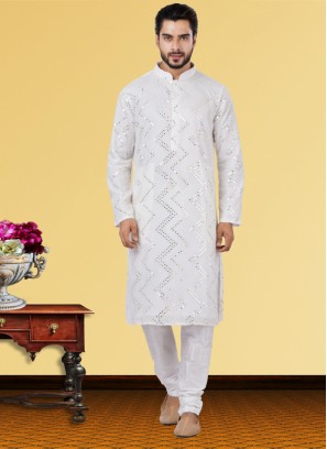 White Embroidered Kurta Pajama For Men