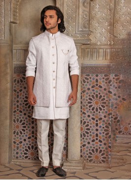 White Embroidered Nehru Jacket Set For Men