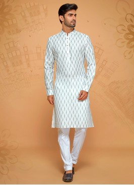 White Fancy Printed Cotton Silk Kurta Pajama