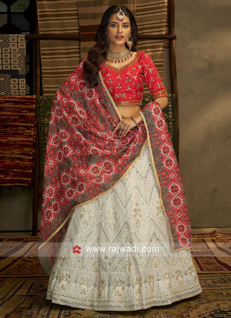 Red-White Premium Chinnon Dual Tone Designer Lehenga Choli and Butterfly  Net Dupatta with All-Over Sequins Work | Exotic India Art