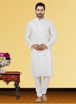 White Georgette Embroidered Kurta Pajama Set