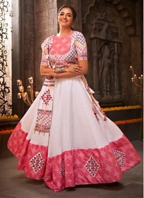 White & Pink Kutchi Embroidered A Line Lehenga Choli