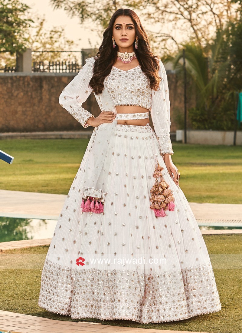 Embellished White Bridal Lehenga Choli and Dupatta – Nameera by Farooq