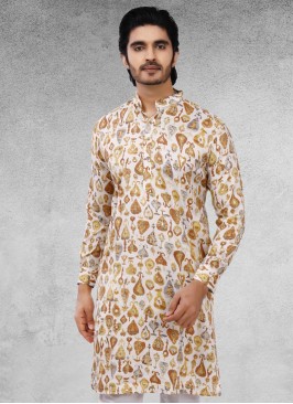 White Printed Kurta For Men