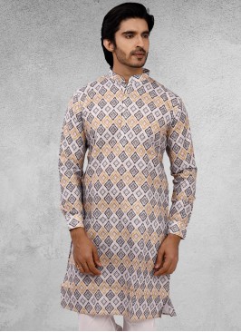 White Printed Kurta In Cotton Silk