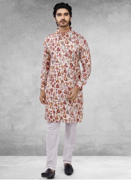 White Printed Kurta In Cotton Silk