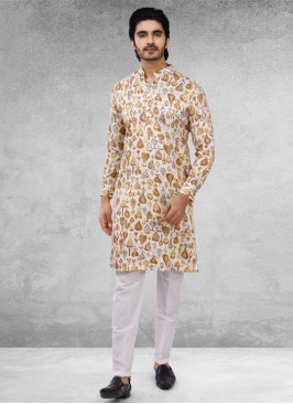 White Printed Kurta Pajama For Men Wedding