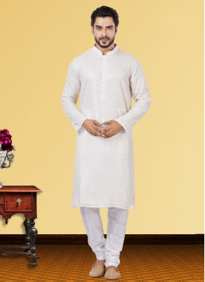 White Readymade Sequins Embroidered Kurta Pajama In Georgette