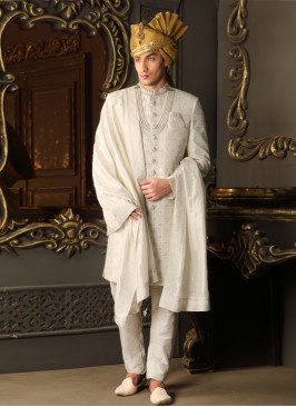 White Sherwani In Silk With Embroidery Work