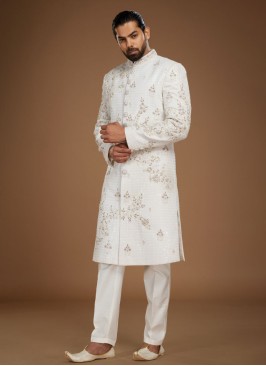 White Sherwani Set In Silk With Embroidered Work