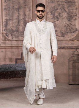 White Silk Heavy Embroidered Sherwani Set