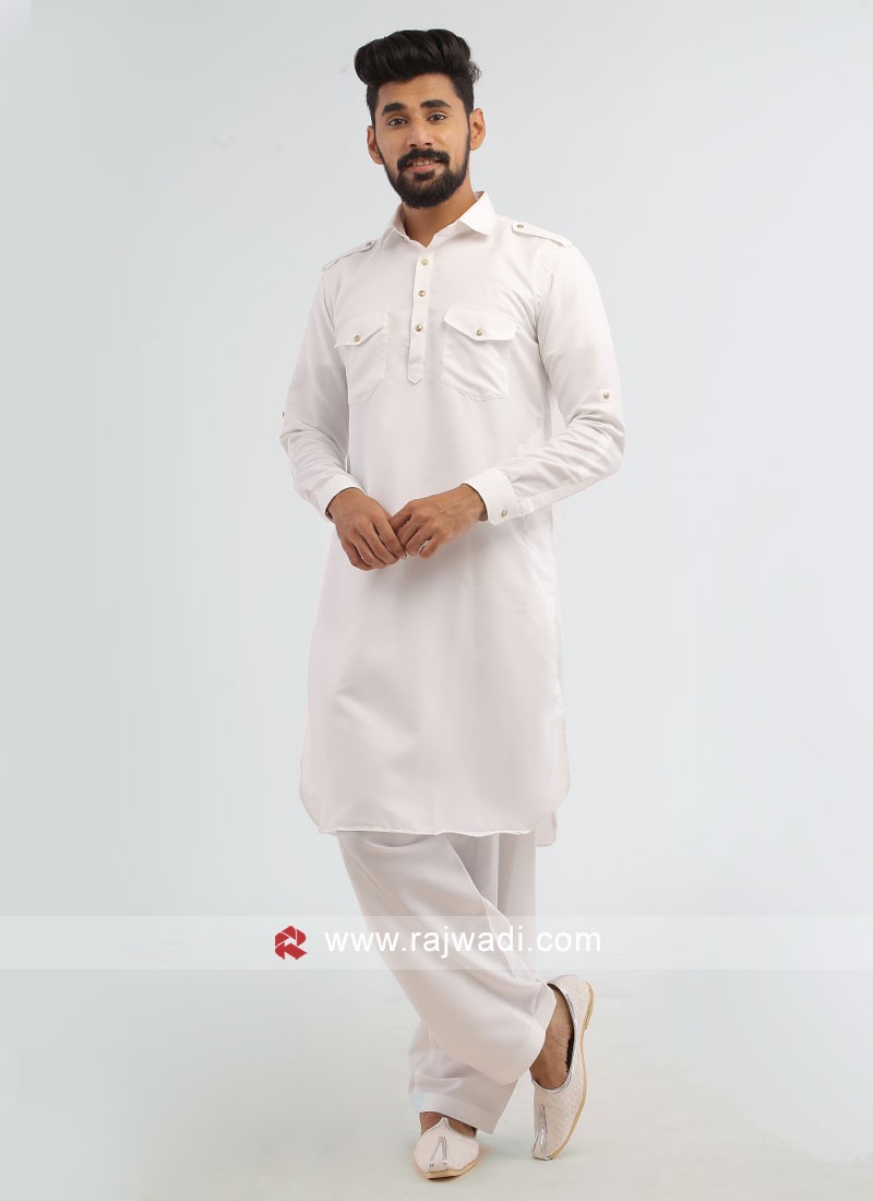 White Solid Pathani Suit In Soft Cotton