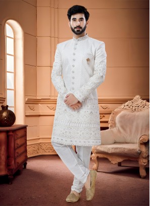 White Thread Embroidered Indowestern Set