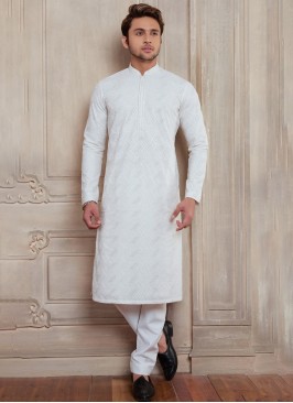 White Thread Embroidered Silk Kurta Pajama