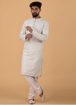 White Zig Zag Work Kurta Pajama For Wedding