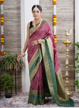 Wine And Green Patola Printed Soft Silk Saree