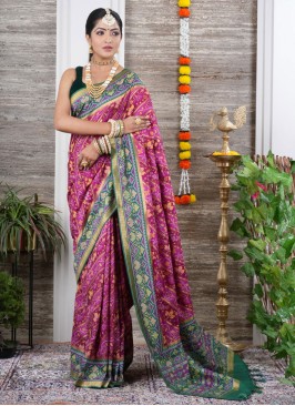 Wine And Green Patola Printed Soft Silk Saree