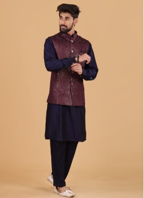 Wine And Navy Blue Nehru Jacket Set