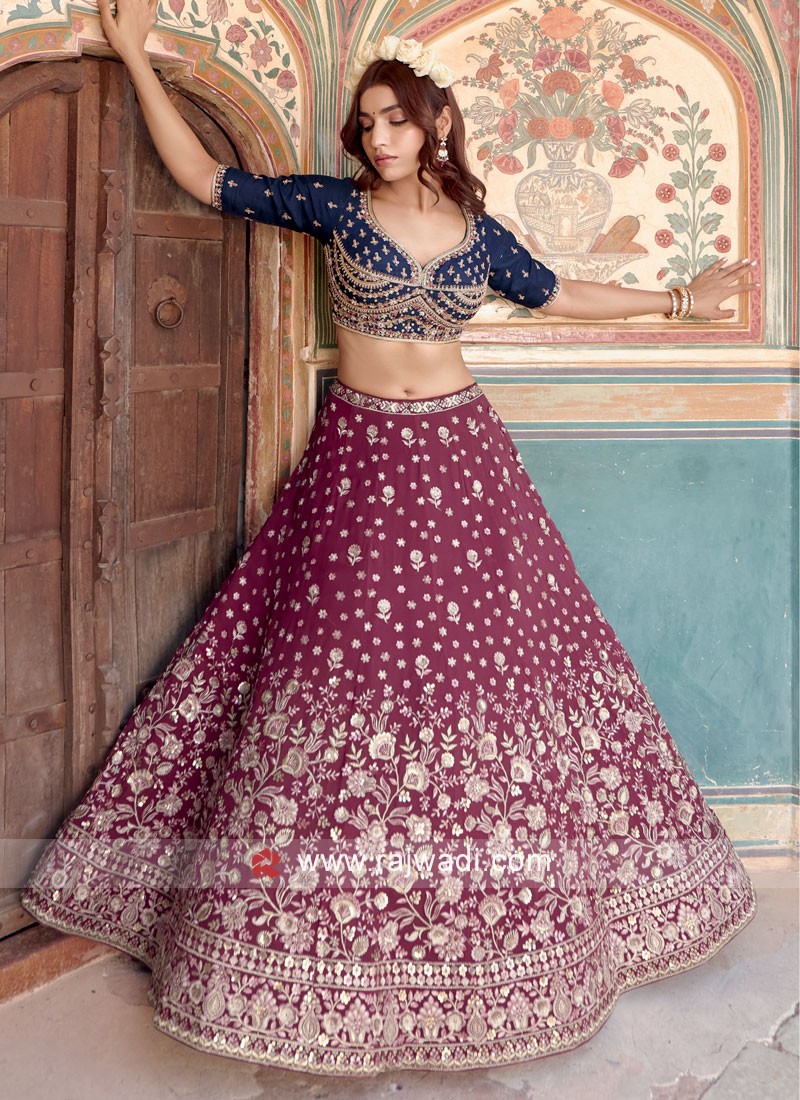 BRIDESMAIDS READYMADE WINE COLOUR CHINON LEHENGA EMBELLISHED WITH ZARI –  Kothari Sons