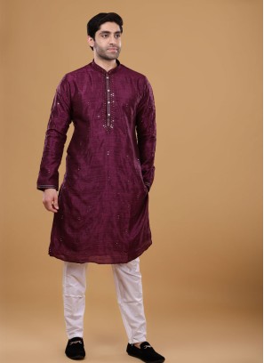 Wine And White Art Silk Kurta Pajama