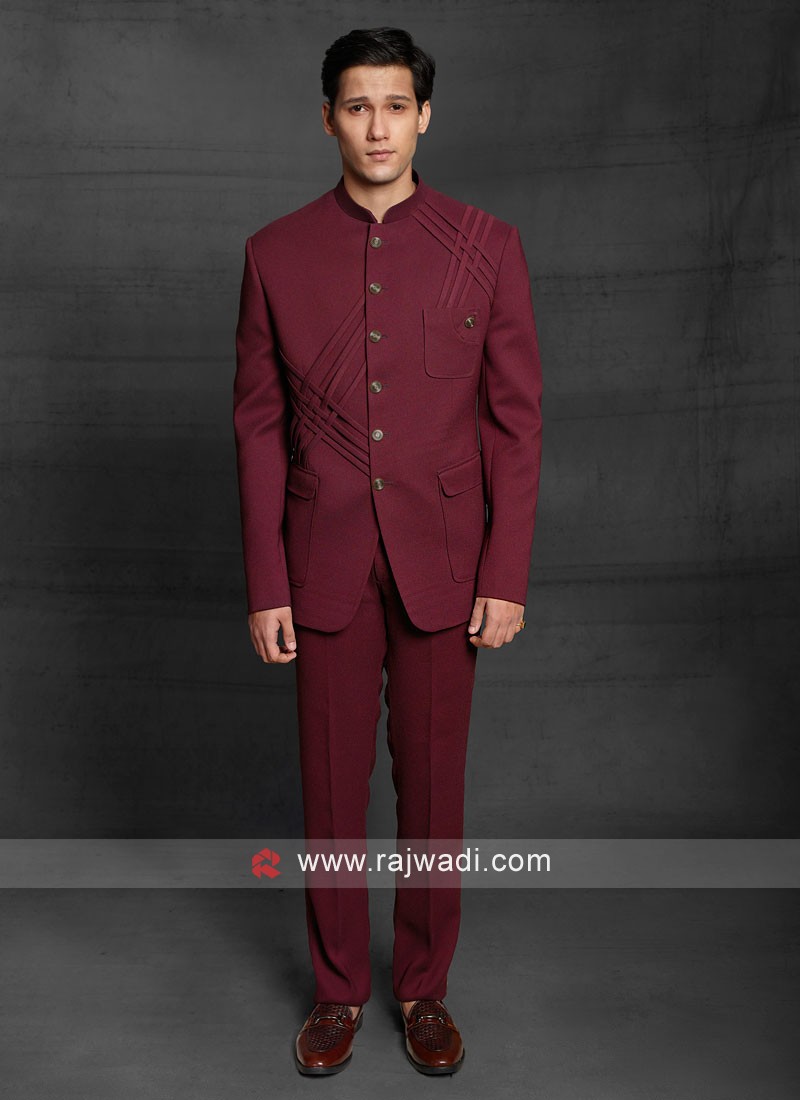 Solid Color Terry Rayon Asymmetric Jodhpuri Suit in Wine : MHG1936