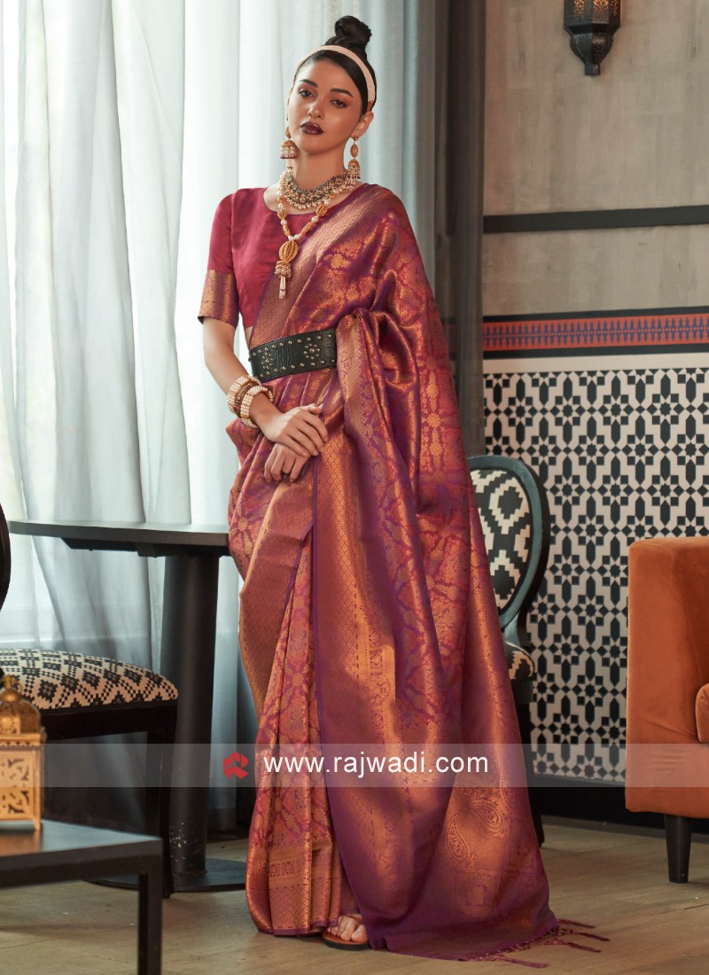 Wine Red Zari Woven Kanjivaram Silk Saree – Armima